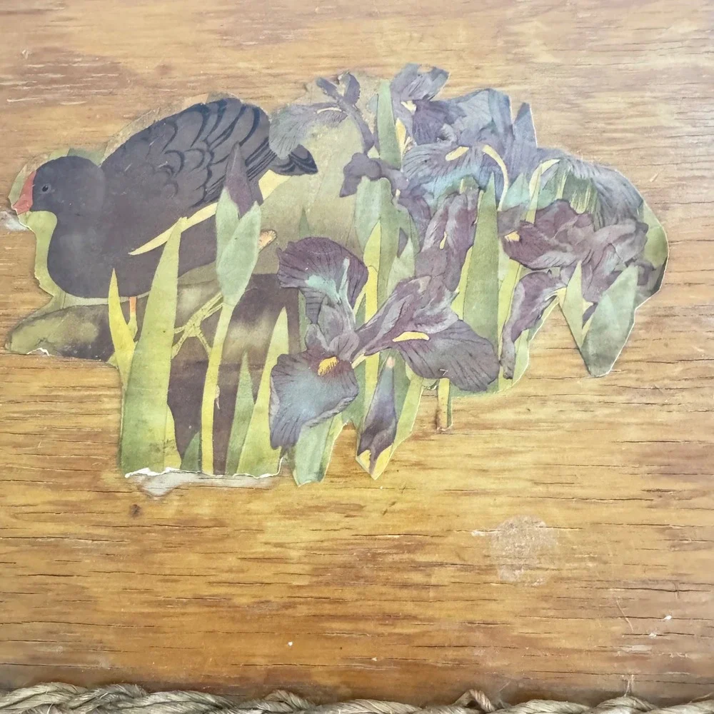 Vintage Wooden Serving Tray Braided Rope Handles Bird Iris Decoupage Rustic Oval